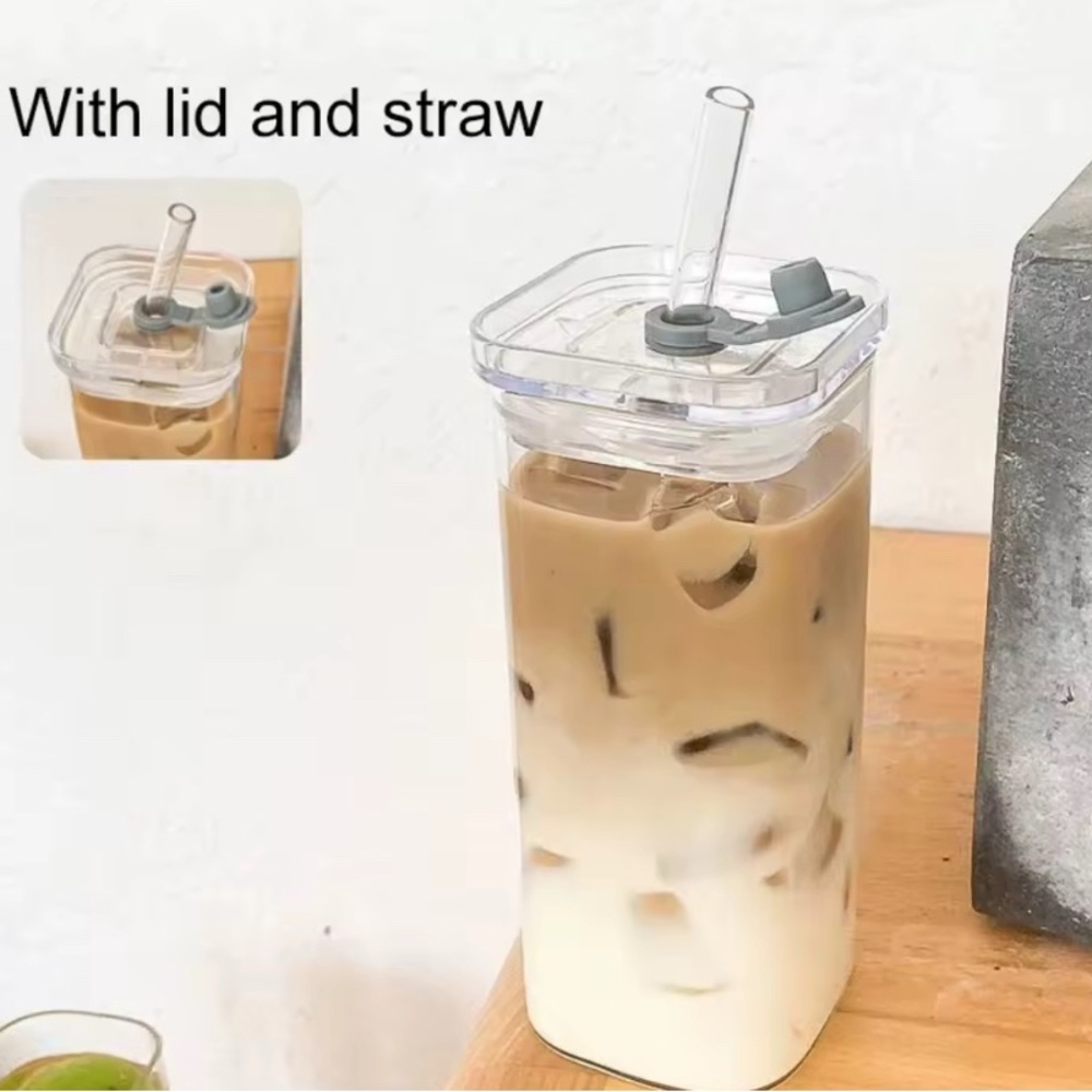 New rectangular glass cup with straw